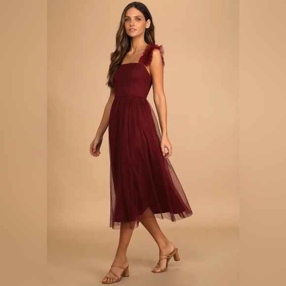 Divine Invitation Burgundy Tulle Swiss Dot Ruffled Midi Dress - Picture 2 of 5